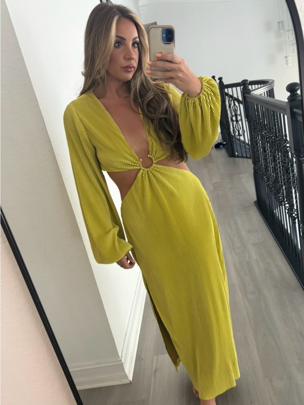 Ring-Front Long Sleeve Maxi Dress in Chartreuse